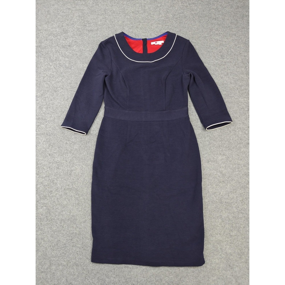 Boden Dress Womens 6P Blue Knit Sheath 3/4 Sleeve Contrast Trim Knee Length Work